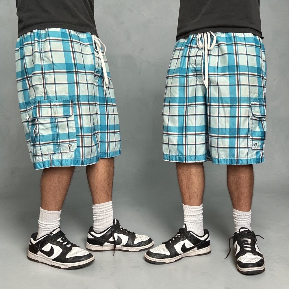 Merona Plaid Cargo Board Shorts Blue Teal Y2K Skater Swim Trunks Size XL